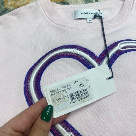 Carven Embroidered Heart Sweatshirt Sweater Pullover NWT XS Light Pink - Picture 4 of 8